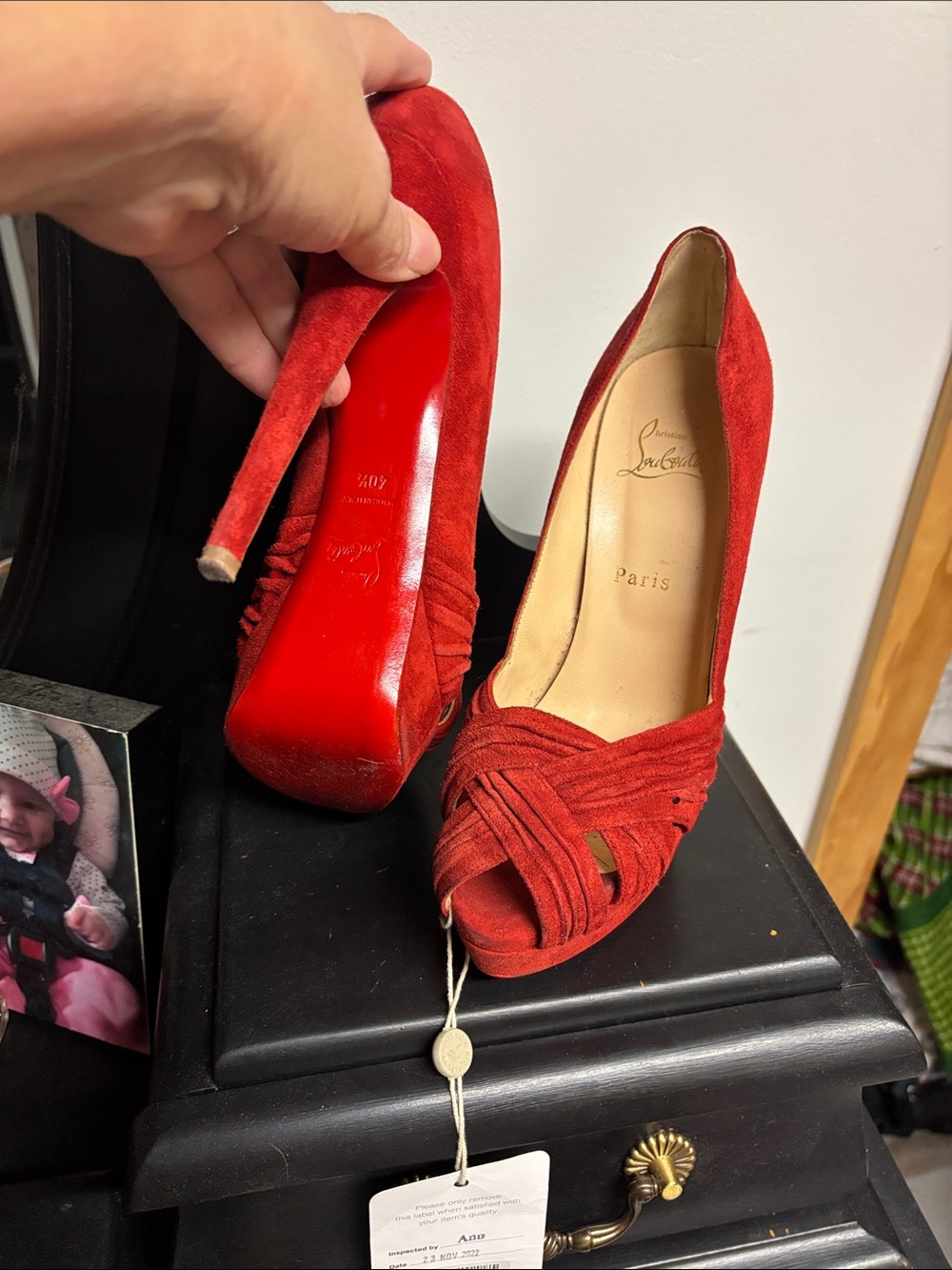 Christian Louboutin Red Suede Ruched Peep-Toe Heels